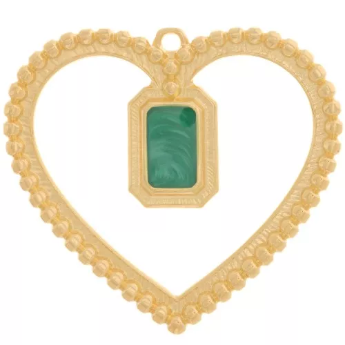 Pendente a cuore ottagonale in resina 35x38 mm - Dorato con oro fino - Verde perlato