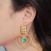 Pendente a cuore ottagonale in resina 35x38 mm - Dorato con oro fino - Verde perlato