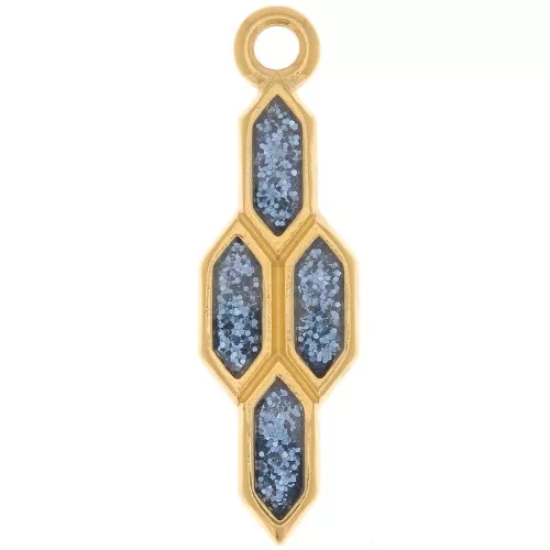 Pendente geometrico 24x7mm in resina epossidica -Dorato con oro fino - Glitter blu