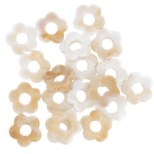 Perle floreali acriliche opache 14 mm - Bianco marmorizzato - Marrone x4