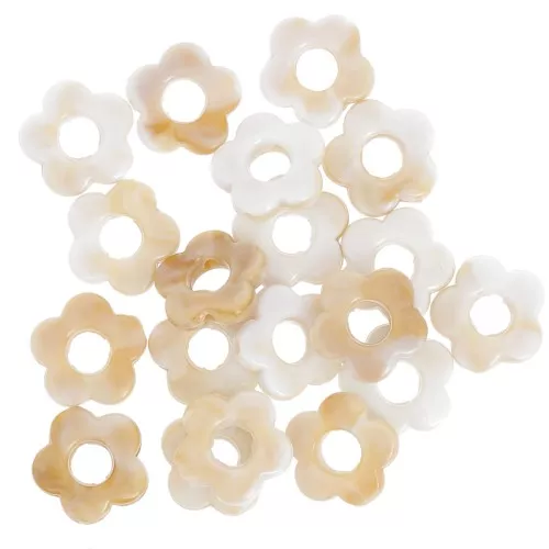 Perle floreali acriliche opache 14 mm - Bianco marmorizzato - Marrone x4