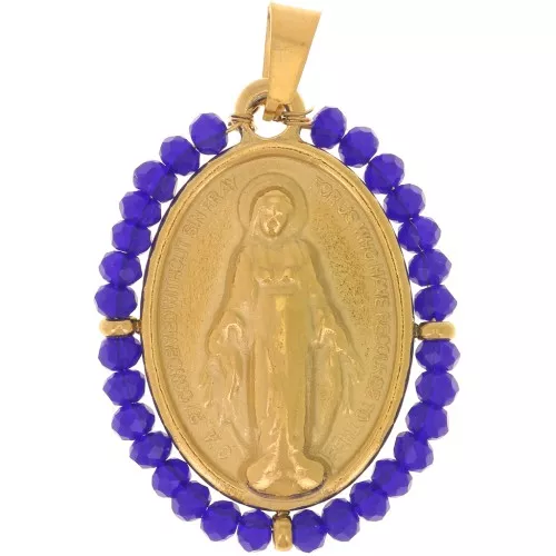 Pendente religioso ovale 28x21 mm con perle - Acciaio inox 304L dorato- Blu scuro