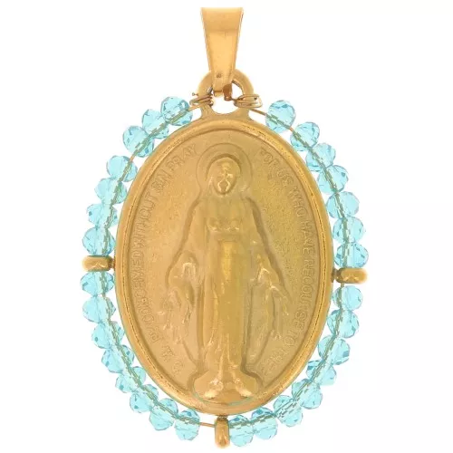 Pendente religioso ovale 28x21 mm con perle - Acciaio inox 304L dorato - Turchese