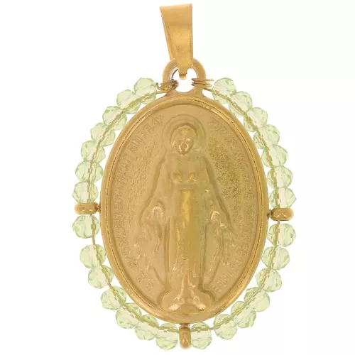 Pendente religioso ovale 28x21 mm con perle - Acciaio inox304L dorato Verde chiaro