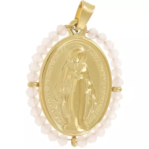 Pendente religioso ovale 28x21 mm con perle - Acciaio inox 304L dorato Rosa chiaro