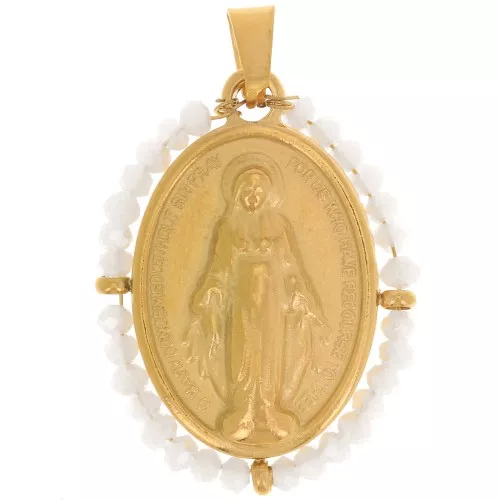 Pendente religioso ovale 28x21 mm con perle - Acciaio inox 304L dorato Bianco AB