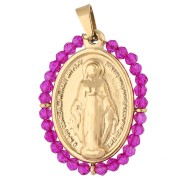 Pendente ovale a tema religioso 28,5x21,5 mm con perle - Acciaio inossidabile 304 Dorato/fucsia