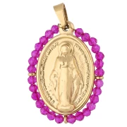 Pendente ovale a tema religioso 28,5x21,5 mm con perle - Acciaio inossidabile 304 Dorato/fucsia