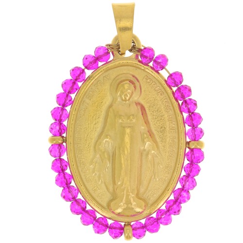 Pendente religioso ovale 28x21mm con perle Acciaio inossidabile 304L dorato Fucsia