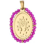 Pendente ovale a tema religioso 28,5x21,5 mm con perle - Acciaio inossidabile 304 Dorato/fucsia