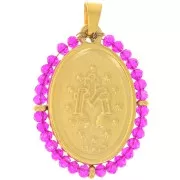 Pendente religioso ovale 28x21mm con perle Acciaio inossidabile 304L dorato Fucsia