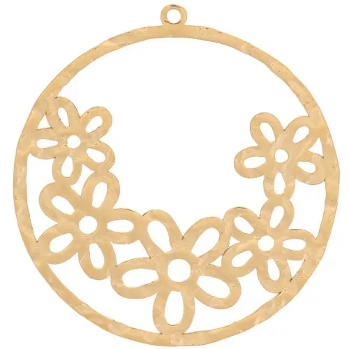 Pendente cerchio cavo martellato con fiori 30 mm - Acciaio inox 316L dorato x1