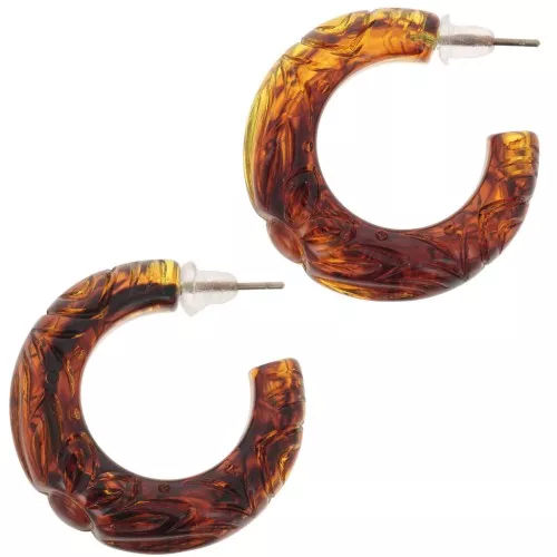 Orecchini a cerchio grande in resina traslucida 30 mm - fiore inciso - Ambra marmorizzata x2