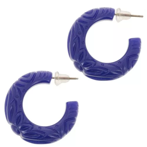 Orecchini a cerchio largo in resina opaca 30 mm - fiore inciso - Blu scuro x2