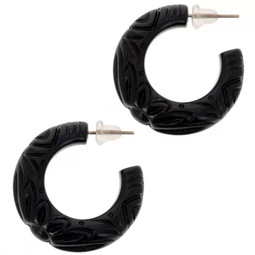 Orecchini a cerchio in resina opaca 30 mm - fiore inciso - Nero x2