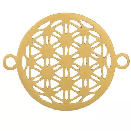 Distanziatore tondo traforato da 17 mm con motivo Fleur de vie - Acciaio inossidabile 316L Gold x1