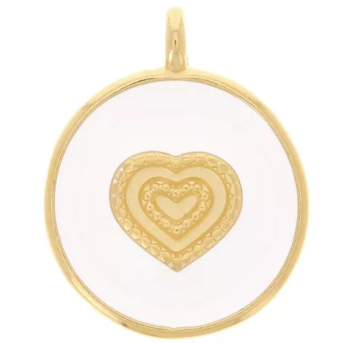Pendente cuore rotondo 21 mm - Resina epossidica - Dorato in oro fino - Bianco x1