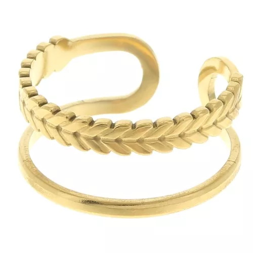 Anello largo regolabile da T52 a 58 -foglia d'alloro - acciaio inox304L dorato