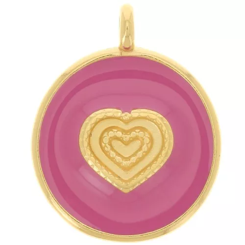 Pendente cuore rotondo 21 mm - Resina - Dorato con oro fino - Rosa intenso x1