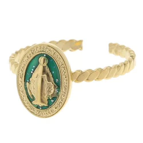 Anello regolabile motivo religioso da T.52 a T58 - Acciaio inox 304L dorato Verde