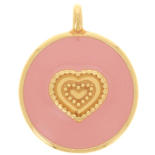 Pendente cuore rotondo 21 mm - Resina - Dorato in oro fino - Rosa chiaro x1