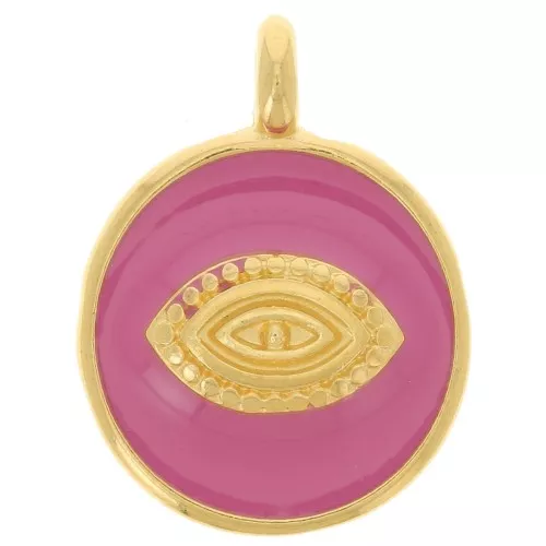 Pendente a forma di occhio rotondo da 18 mm - Resina epossidica - Dorato con oro fino - Rosa intenso x1