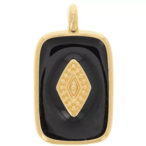 Pendente rettangolo 19x12mm in resina - Dorato in oro fino - Nero x1