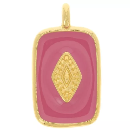 Pendente rettangolo 19x12mm in resina- Dorato in oro fino - Rosa intenso x1
