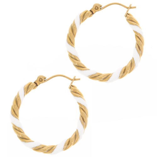 Orecchini a cerchio ritorto 25mm con resina Acciaio inox304L dorato Bianco x2