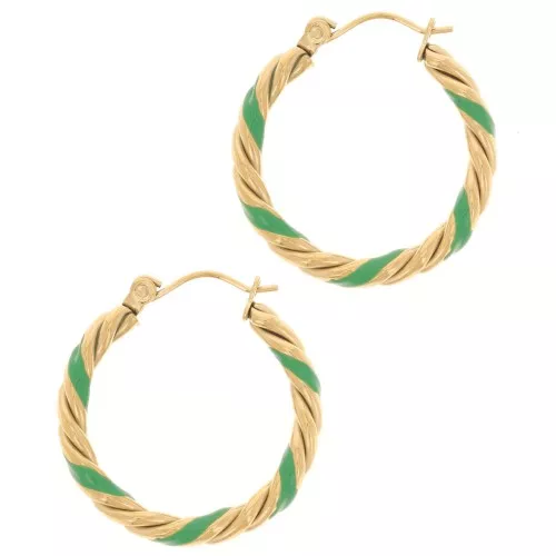 Orecchini a cerchio tondo ritorto 25mm con resina Acciaio inox304L dorato-Verde x2