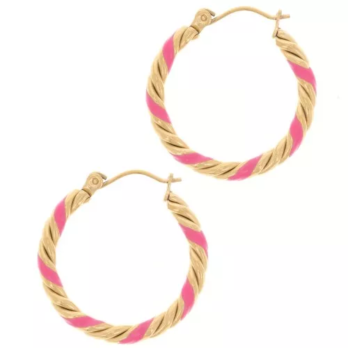 Orecchini a cerchio tondo ritorto 25mm con resina Acciaio inox 304L dorato Rosa x2