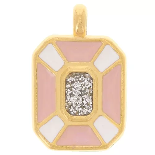 Pendente rettangolo 19x12mm in resina Dorato in oro fino - Rosa chiaro - Bianco x1