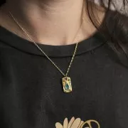 Pendente rettangolare 20x11mm con goccia in resina epossidica - Dorato in oro fino - Verde x1