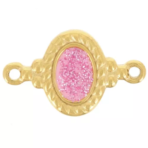 Distanziatore ovale 22x13 mm in resina - Acciaio inox 304L dorato- Glitter rosa x1