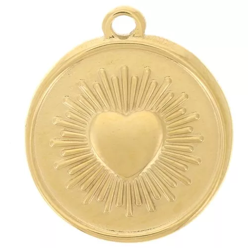 Pendente rotondo da 18 mm - motivo a cuore - Acciaio inossidabile 304 Dorato x1