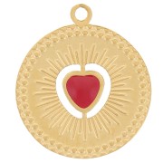 Ciondolo rotondo da 13 mm - motivo a cuore con resina epossidica - Acciaio inossidabile 304 Dorato - Rosso