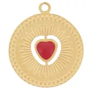 Ciondolo rotondo da 13 mm - motivo a cuore con resina epossidica - Acciaio inossidabile 304 Dorato - Rosso