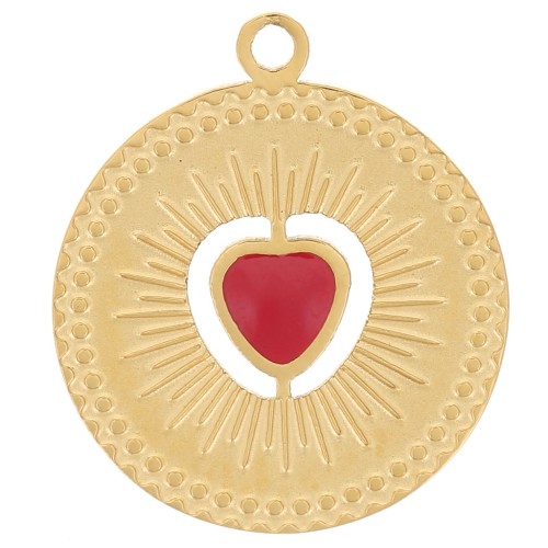 Ciondolo rotondo da 13 mm - motivo a cuore con resina epossidica - Acciaio inossidabile 304 Dorato - Rosso