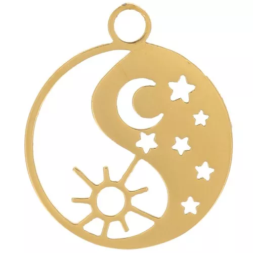 Ciondolo rotondo Yin e Yang da 14 mm - luna e sole - acciaio inox316L dorato x1