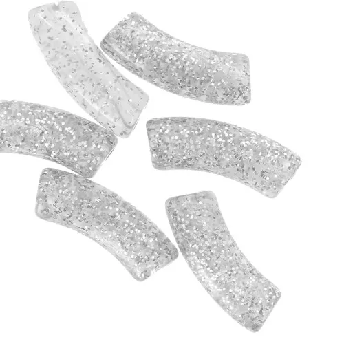 Perline tubolari curve in acrilico trasparente 35x11 mm - Glitter argento x6