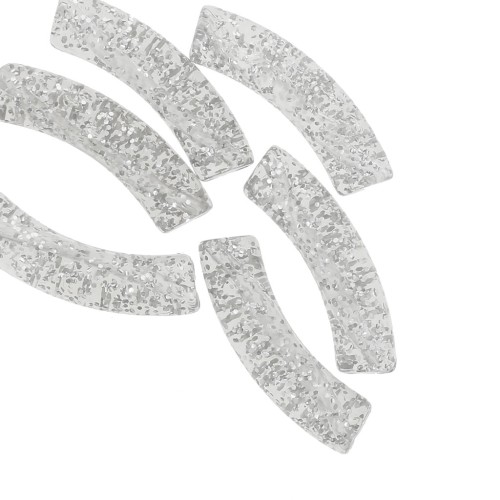 Perline tubolari curve in acrilico trasparente 32x8 mm - Glitter argento x6