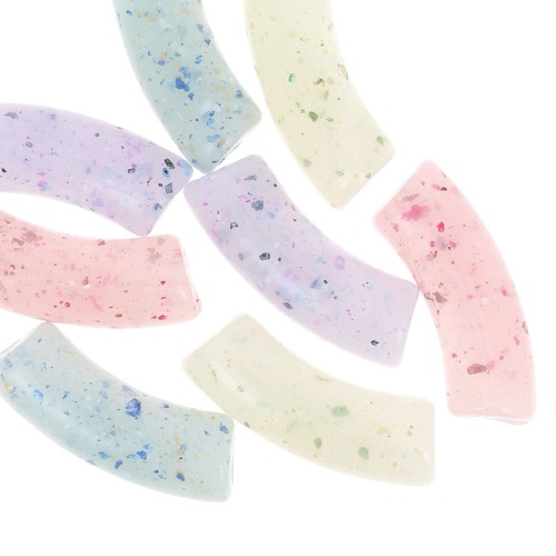 Perle tubolari curve 35x11 mm in acrilico traslucido - Glitter multicolore x6