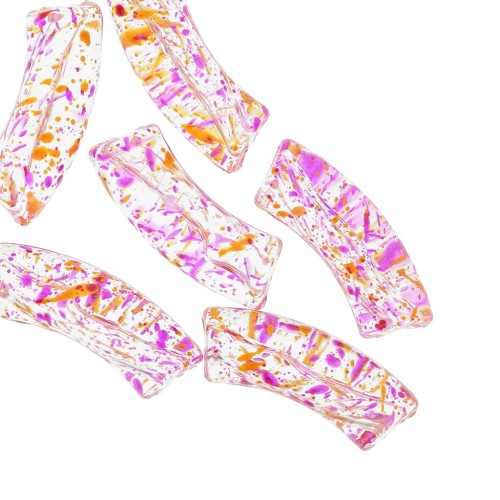 Perline tubolari curve 35x11 mm in acrilico trasparente - Magenta screziato x6