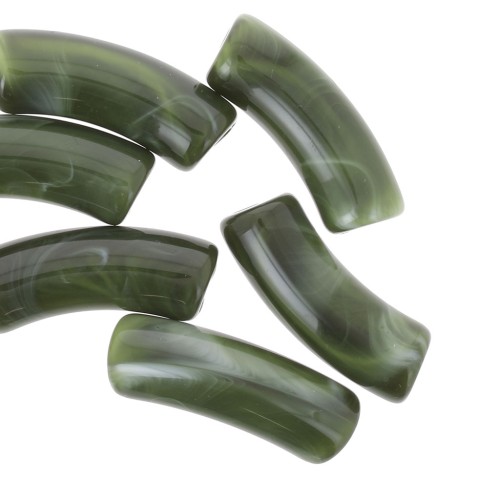 Perline tubolari curve 35x11 mm in acrilico trasparente - Verde scuro marmorizzato x6