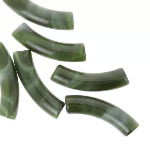 Perline tubolari curve 32x8 mm in acrilico opaco - Verde scuro marmorizzato x6