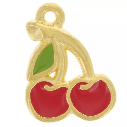 Ciondolo forma di ciliegia 18x13 mm in resina epossidica - Dorato con oro fino - Rosso x1