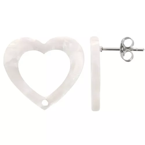 Orecchini perno cuore scavato 19x21 mm - Tartaruga Perla bianca x2