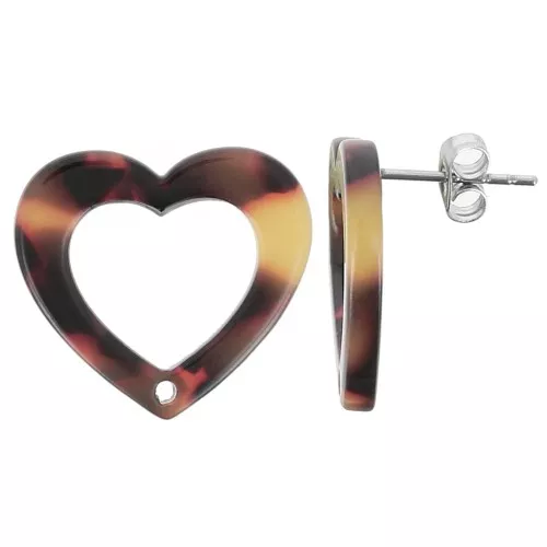Orecchini perno cuore scavato 19x21 mm Acetato - Marrone tartaruga - Nero x2
