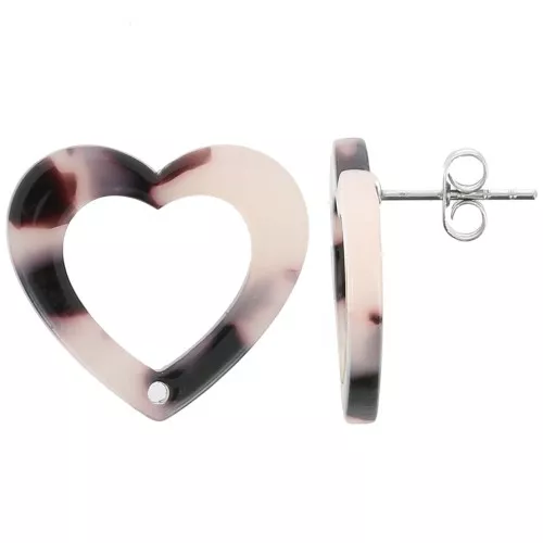 Orecchini perno cuore scavato 19x21 mm Acetato - Tartaruga - Beige Nero x2