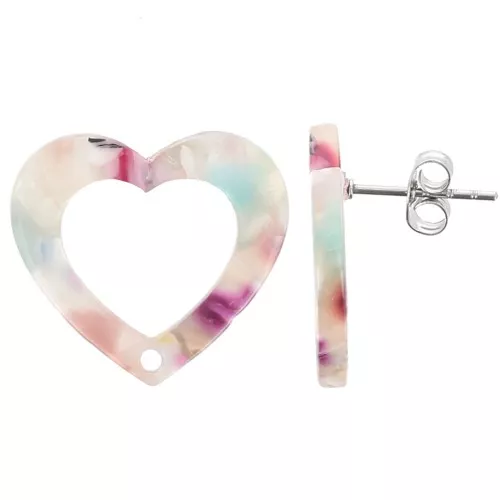 Orecchini perno cuore scavato 19x21 mm Acetato - Tartaruga Multicolore x2